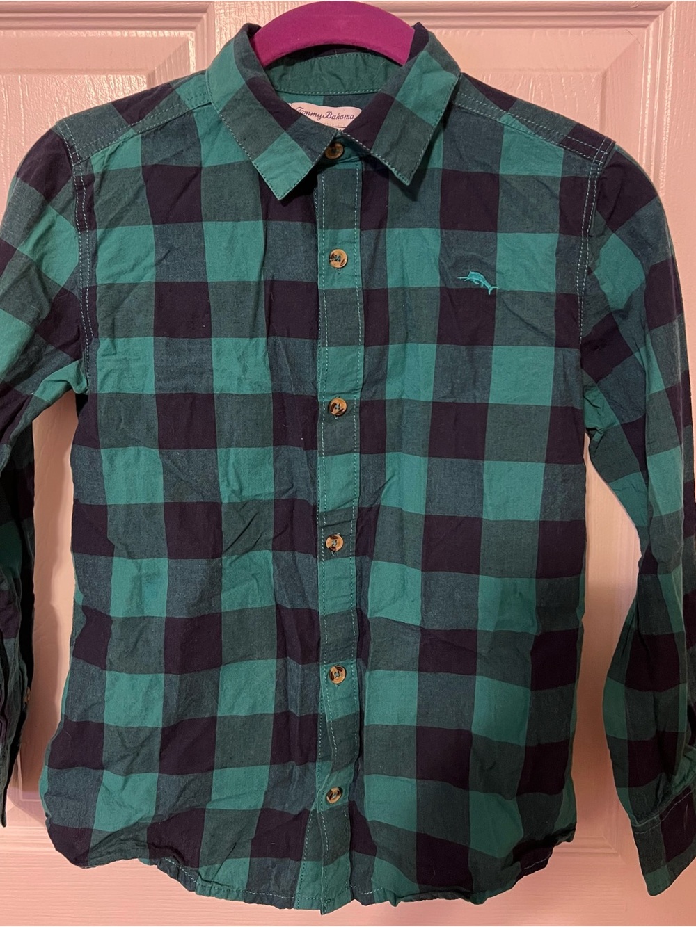 Tommy Bahama Boys Plaid Button Front Shirt Green Blue Long Sleeve Size L 10/12